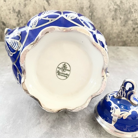 Vtg Hutschenreuther Hohenberg Germany Cobalt Blue Silver Overlay Tea Pot - Picture 7 of 10